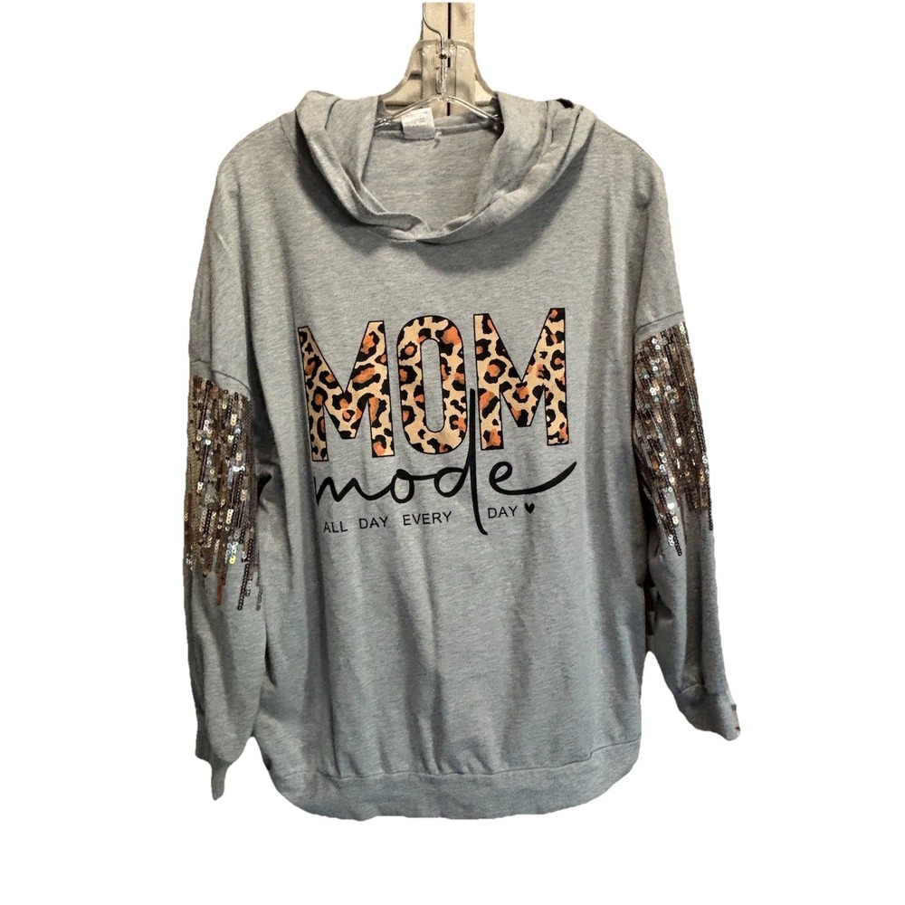 Mom Mode Hoodie Sweatshirt Size XL Long Sl Graphic Sequins Cheetah